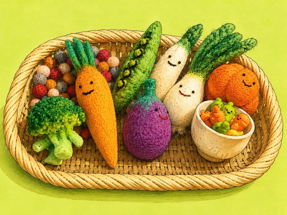 編みぐるみ野菜のカゴ。お品書きノートの表紙